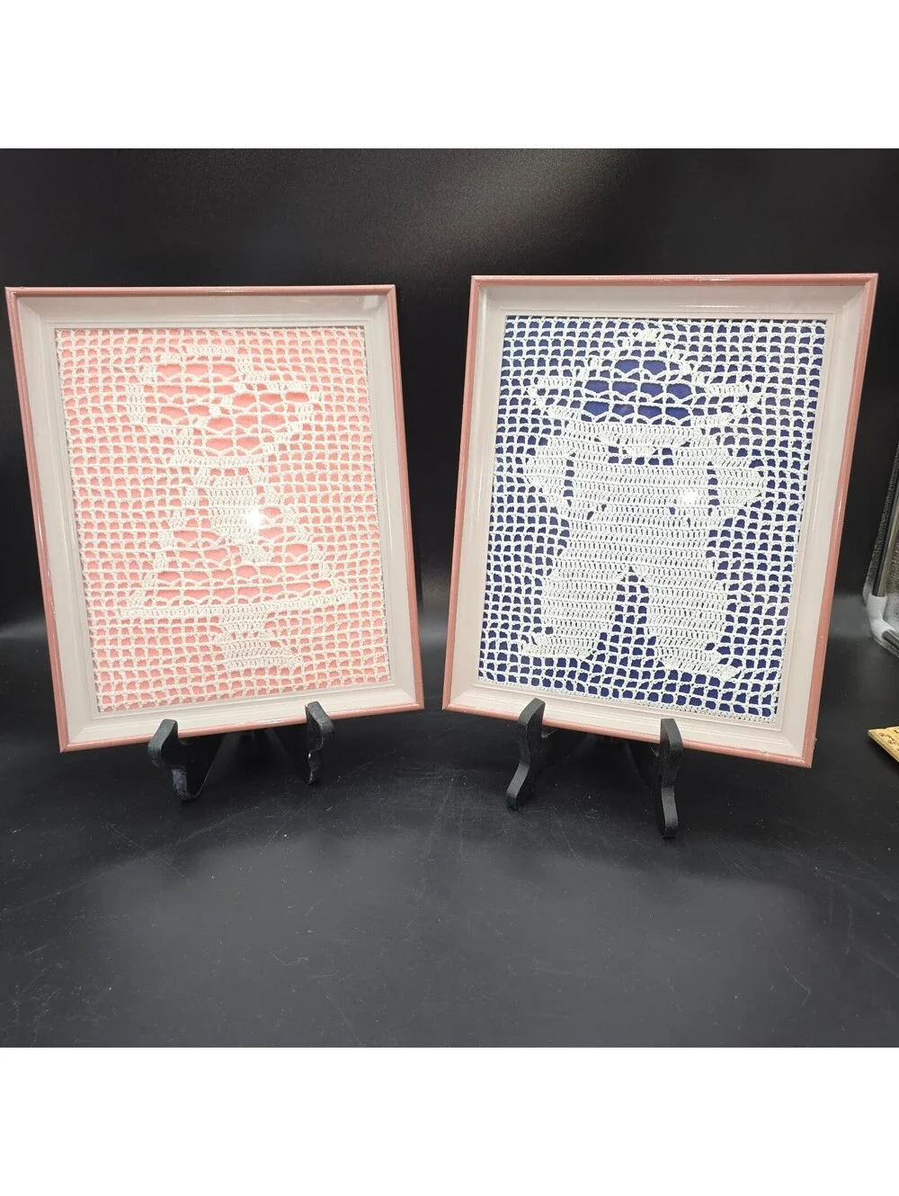 Vintage Framed Filet Crochet Wall Art Pair Boy & Girl Lace Silhouette 11.5x8.5